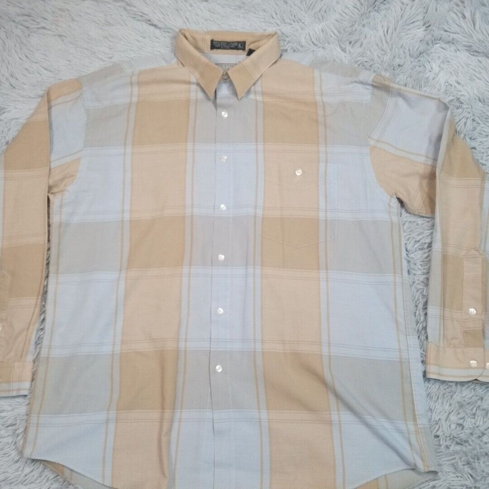 Vintage City Streets Shirt Mens L‎ Biege Blue Plaid Button Up Preppy Casual